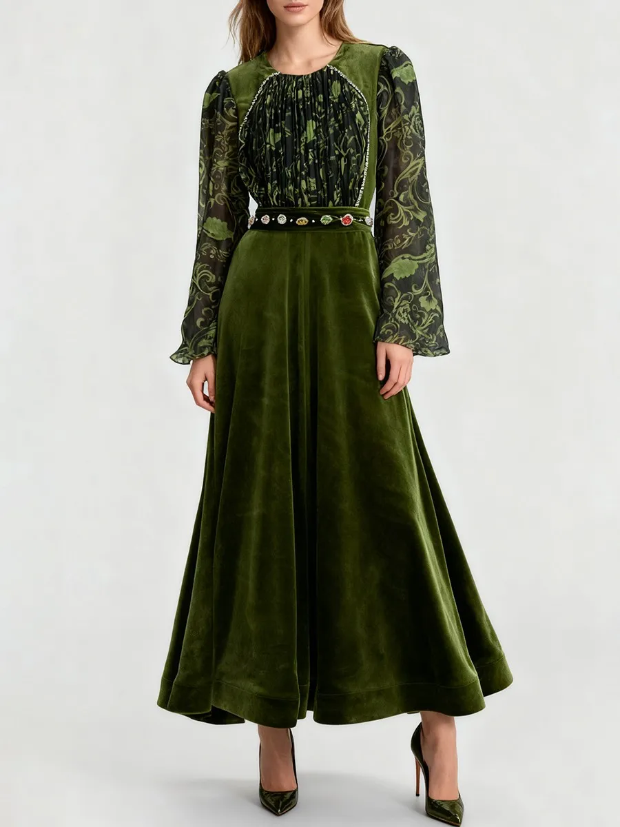 ชุดเดรส TWOTWINSTYLE ลายพิมพ์ ทรงเข้ารูป แต่งลูกปัด ดีไซน์หรูหรา สำหรับผู้หญิง คอทรงโอ แขนยาว ผ้าซีทรู แต่งระบาย