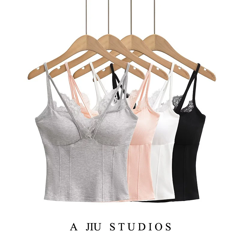 

Pure Desire Lace Splice Sexy Strap Vest Women Summer with Chest Pad Inteated Spicy ort Top inside Wear Hot Girl ort i...