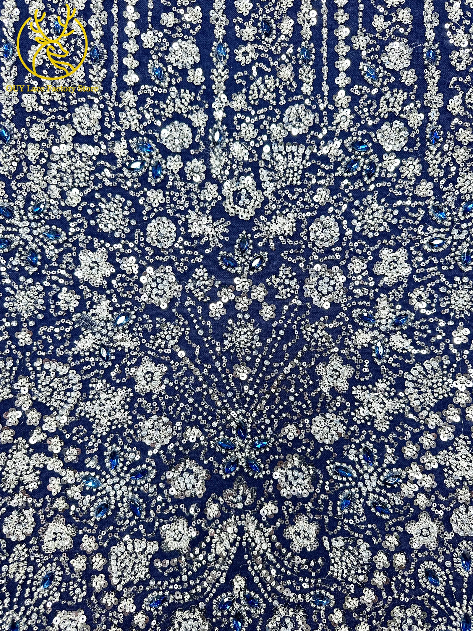 2026 Luxuriöser französischer Mesh-Spitzenstoff mit Perlen und Steinen, marineblau, afrikanischer nigerianischer Edelstein-Pailletten-Spitzenstoff zum Nähen von Hochzeitskleidern – Detail 7