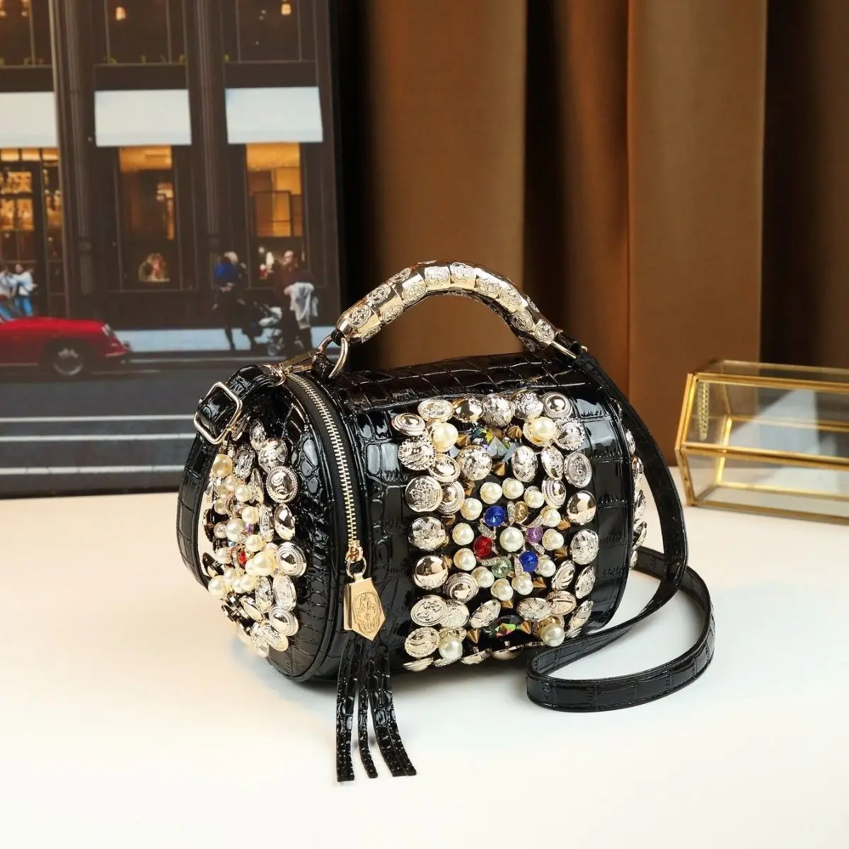 Neue Modische Persönliche Damenhandtasche Kleine Bucket Bag Handbestickte Nieten-Schulter-Umhängetasche für Frauen – Detail 1