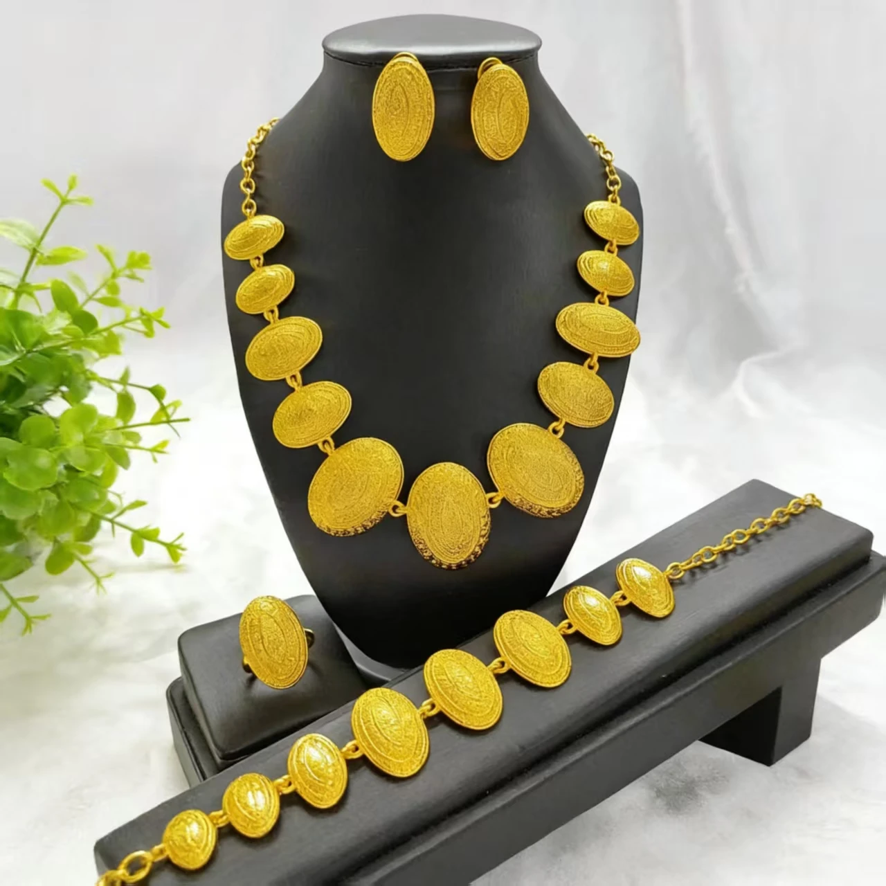 

Ethiopian Necklace Earrings Bangle Ring Jewelry Set For Women 24K Gold Plated Dubai Indian African Bridal Wedding Party Jewelle