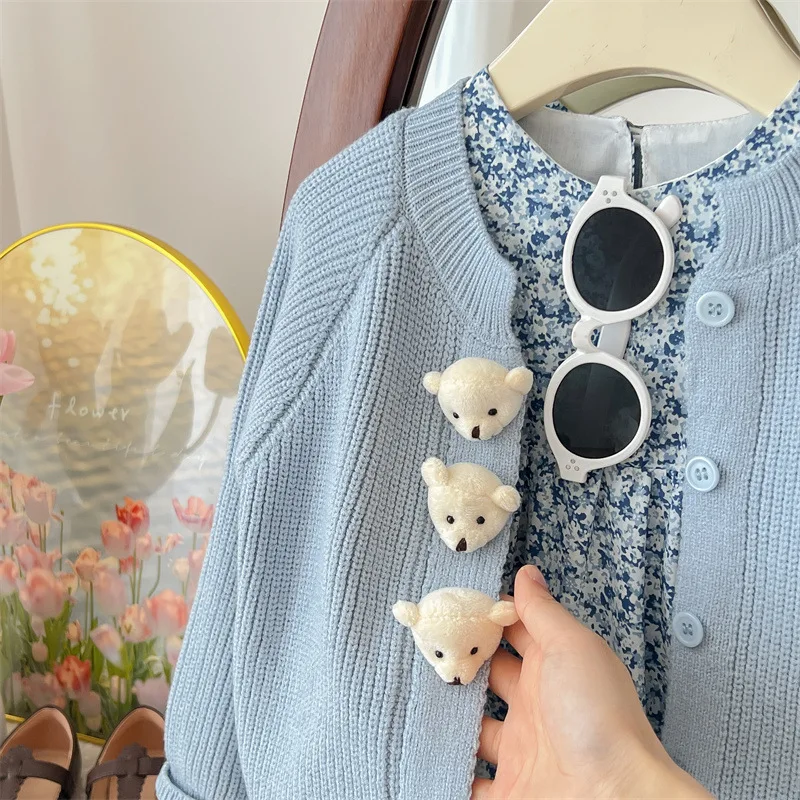 Girls flower dress set childrens spring and autumn new dress babys knitted cardigan two-piece set Girls Fashion Cotton Sets