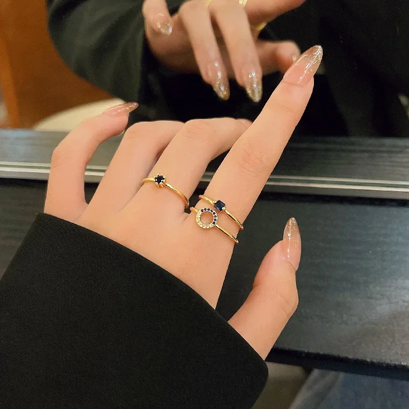 3pcs Classic Fashion Blue Geometric Crystal Rings for Women Luxury Gold Color Stainless Steel Finger Jewelry Set Accessories