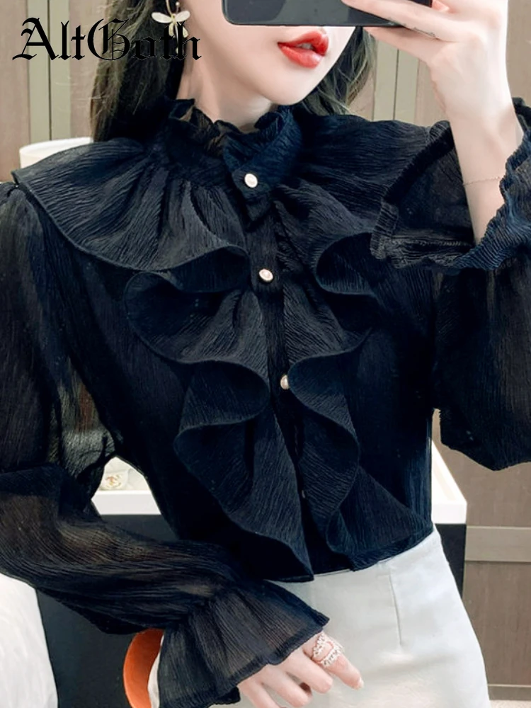 

AltGoth Ruffles Mesh Top Women Korean Style Fashion Design Flare Sleeve Elegant Office Lady Work Solid Basic Shirts Blouses