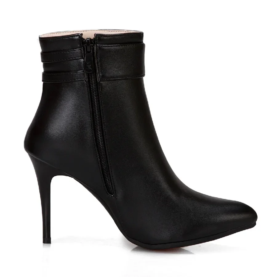 Big Size Winter Women Ankle Boots Red Yellow Black High Thin Heels Party Office Lady Pointed Toe Buckle Zipper Punk Short Boots