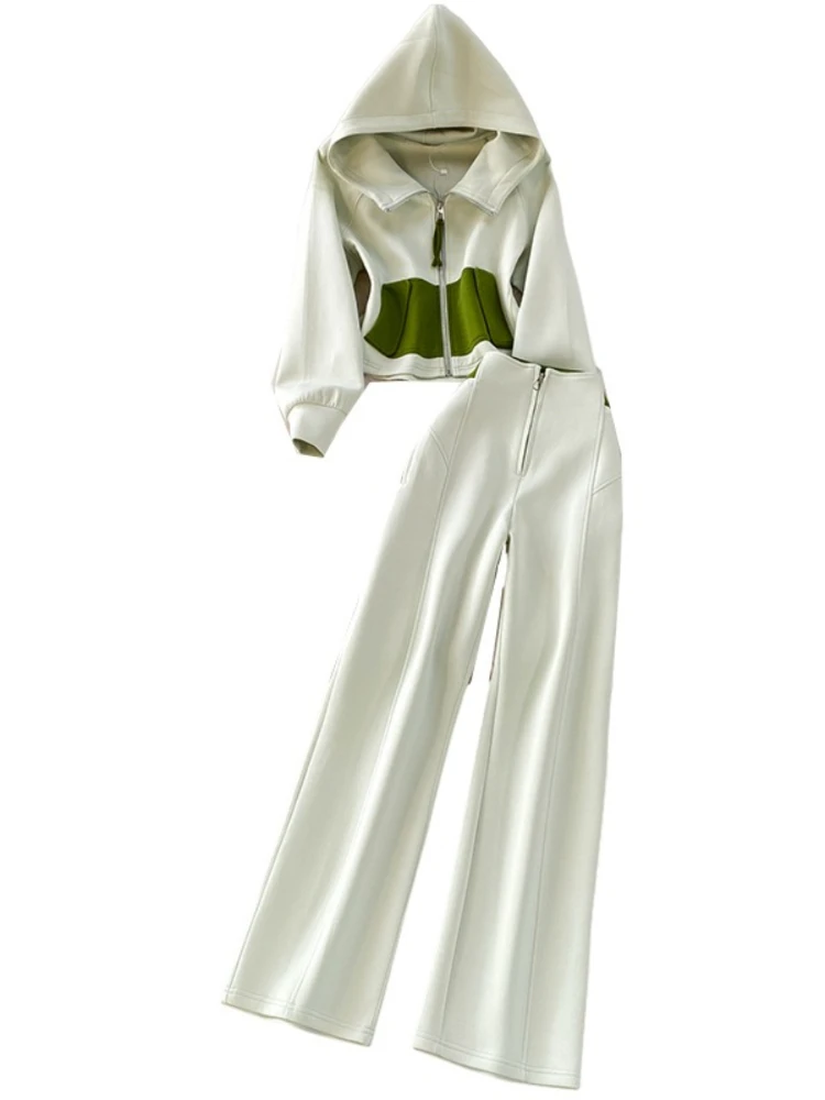 طقم رياضي كاجوال مكون من قطعتين تصميم خريفي للسيدات جاكيت بقلنسوة وسحاب ملون متباين + بنطال تنحيف عالي الخصر #5