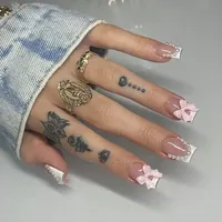 24Pcs Pinkish Press on Nails Set Short Square 3D Bow & Pearl Design Sweet False Nails for Women & Girls French Nail Tips Salon
