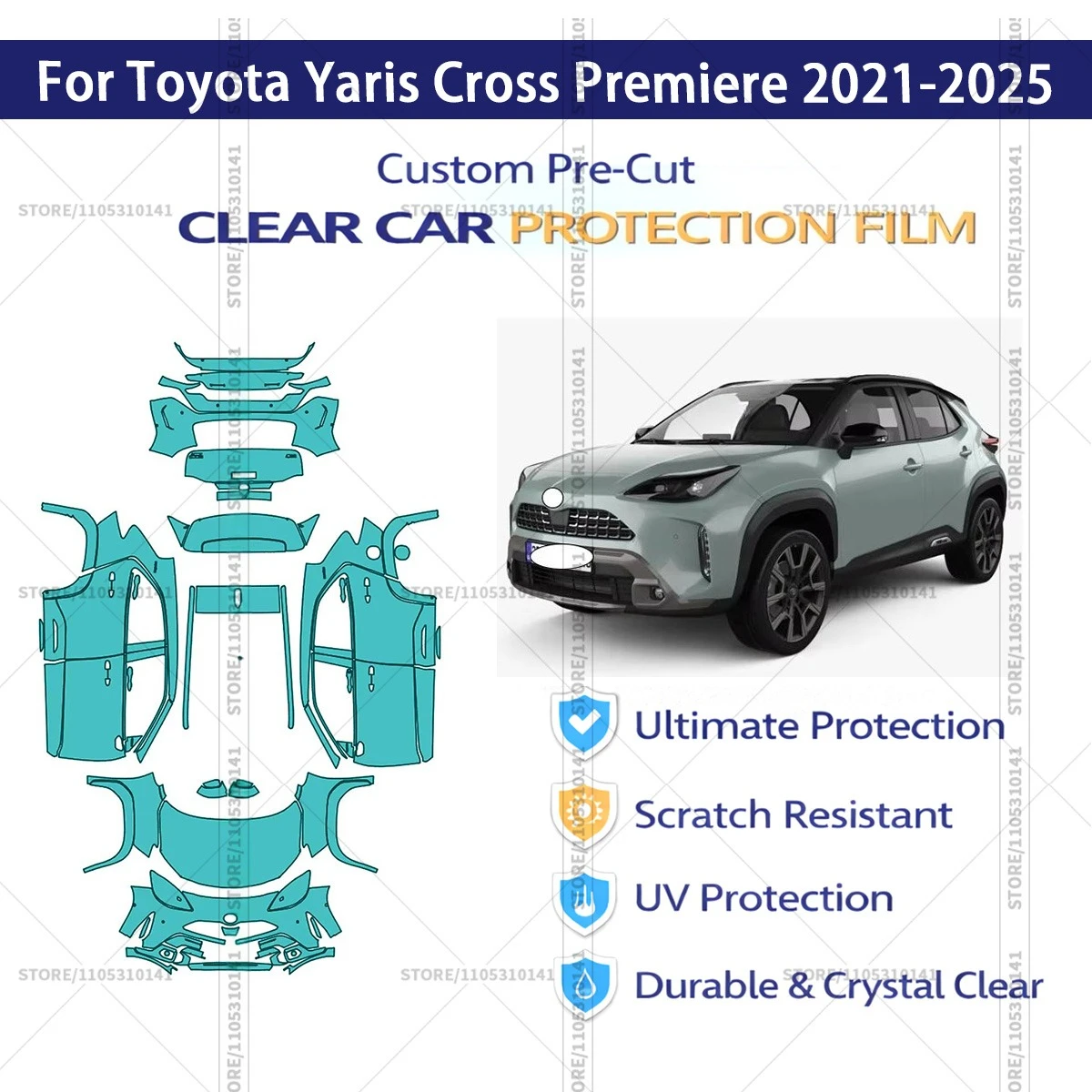

Для Toyota Yaris Cross Premiere 2021-2025: Профессиональная прозрачная защитная пленка (PPF) для автомобиля, предварительно вырезанная