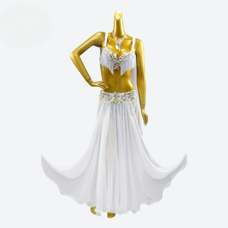 Customized White Tassel Bra Belly Dance Costume with Advanced Diamond Sexy Oriental Dance Wear Performance Dress Practice Skirt