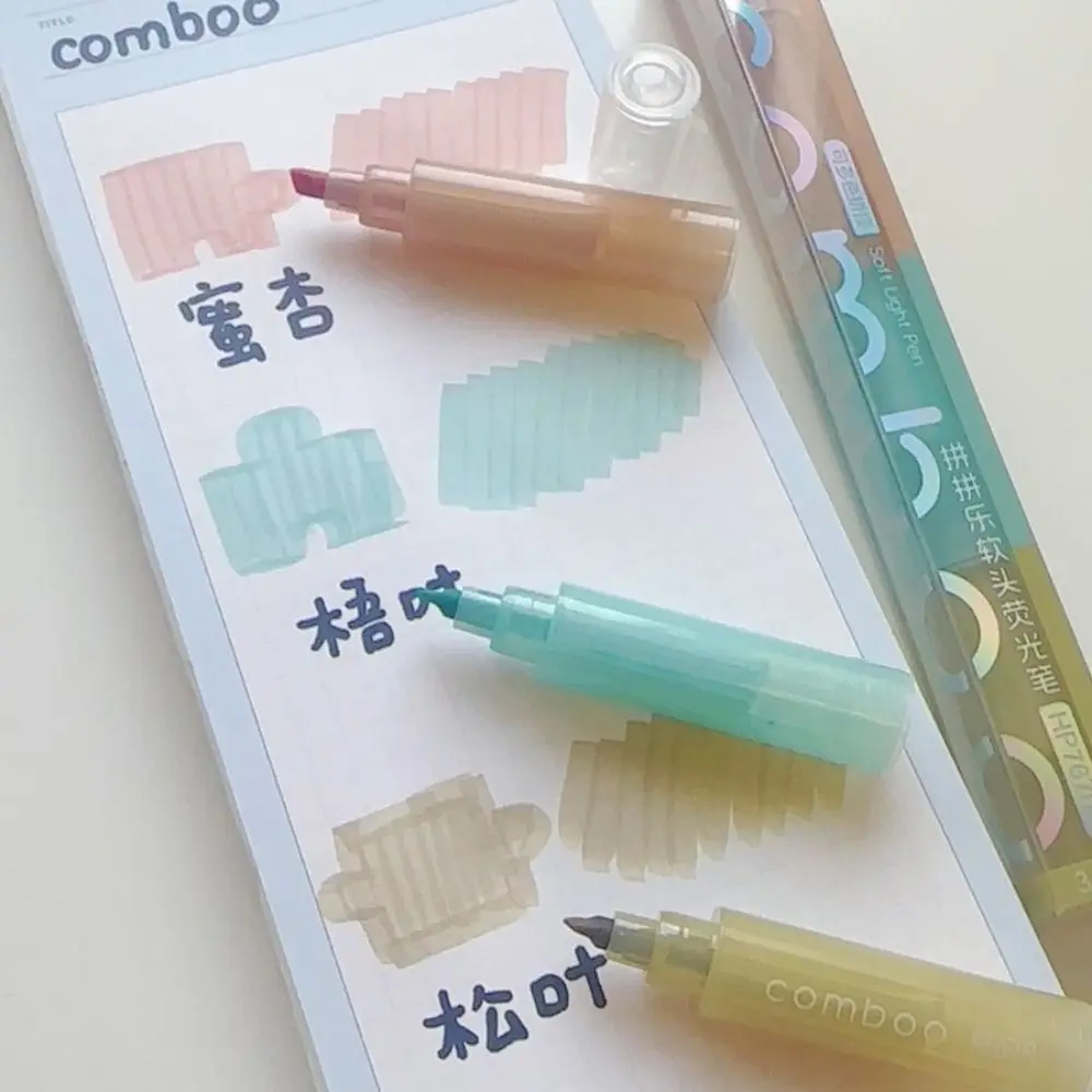 Portable 3 Colors In 1 Comboo Highlighter Pen Soft Tip Note Taking Fluorescent Marker Pen Mild Colors Marker Pens Set Drawing