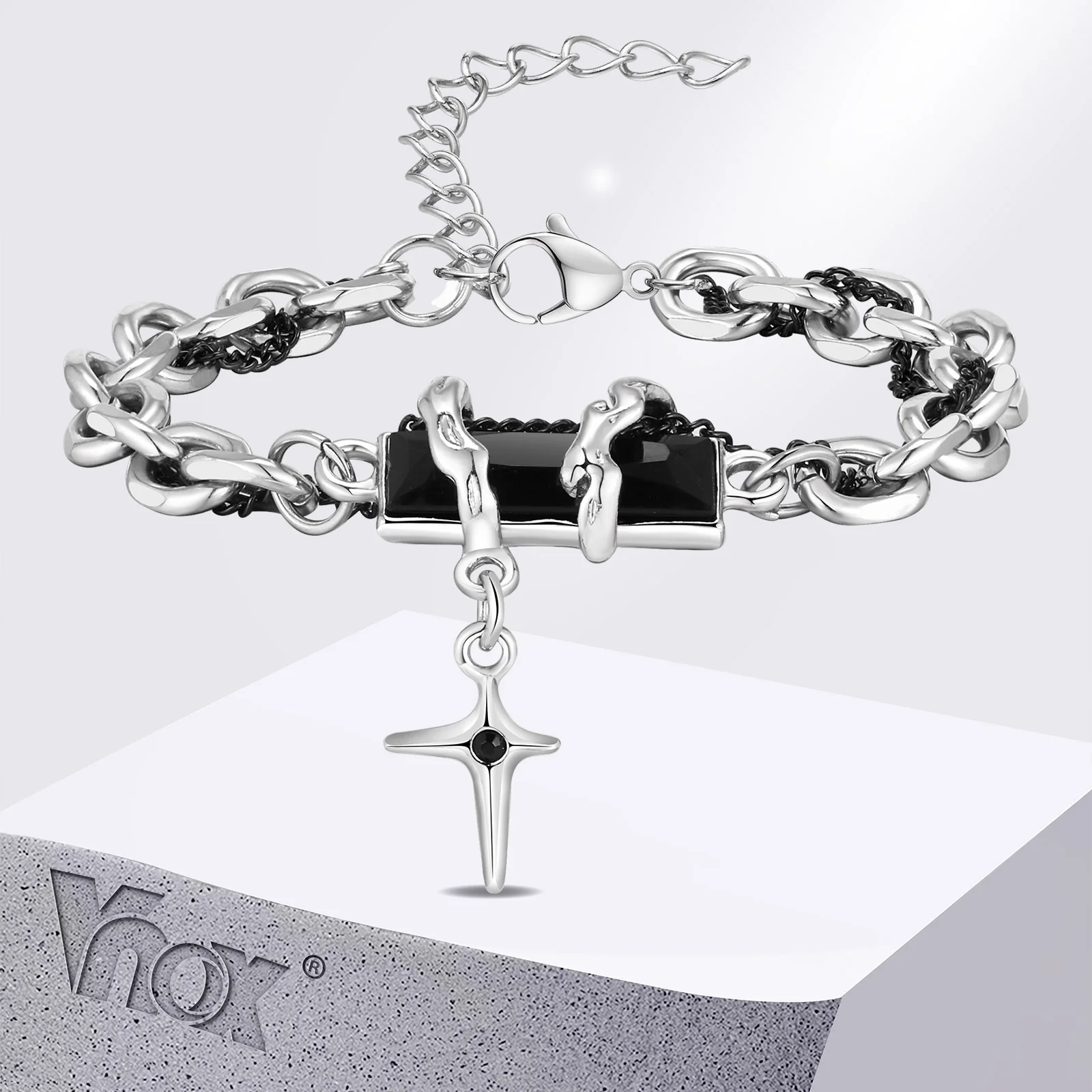 Vnox Cross Bracelets for Men Women, Black Zircon Star Bracelet, Punk Rolo Chain, Stainless Steel New Fashion Jewelry