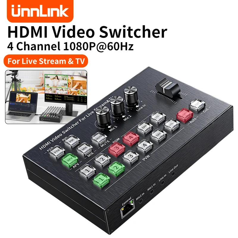 

Unnlink HDMI Video Switche Live Broadcast Streaming 4 Channel Production Video Mixer Station Multi Camera Type-C USB Switcher