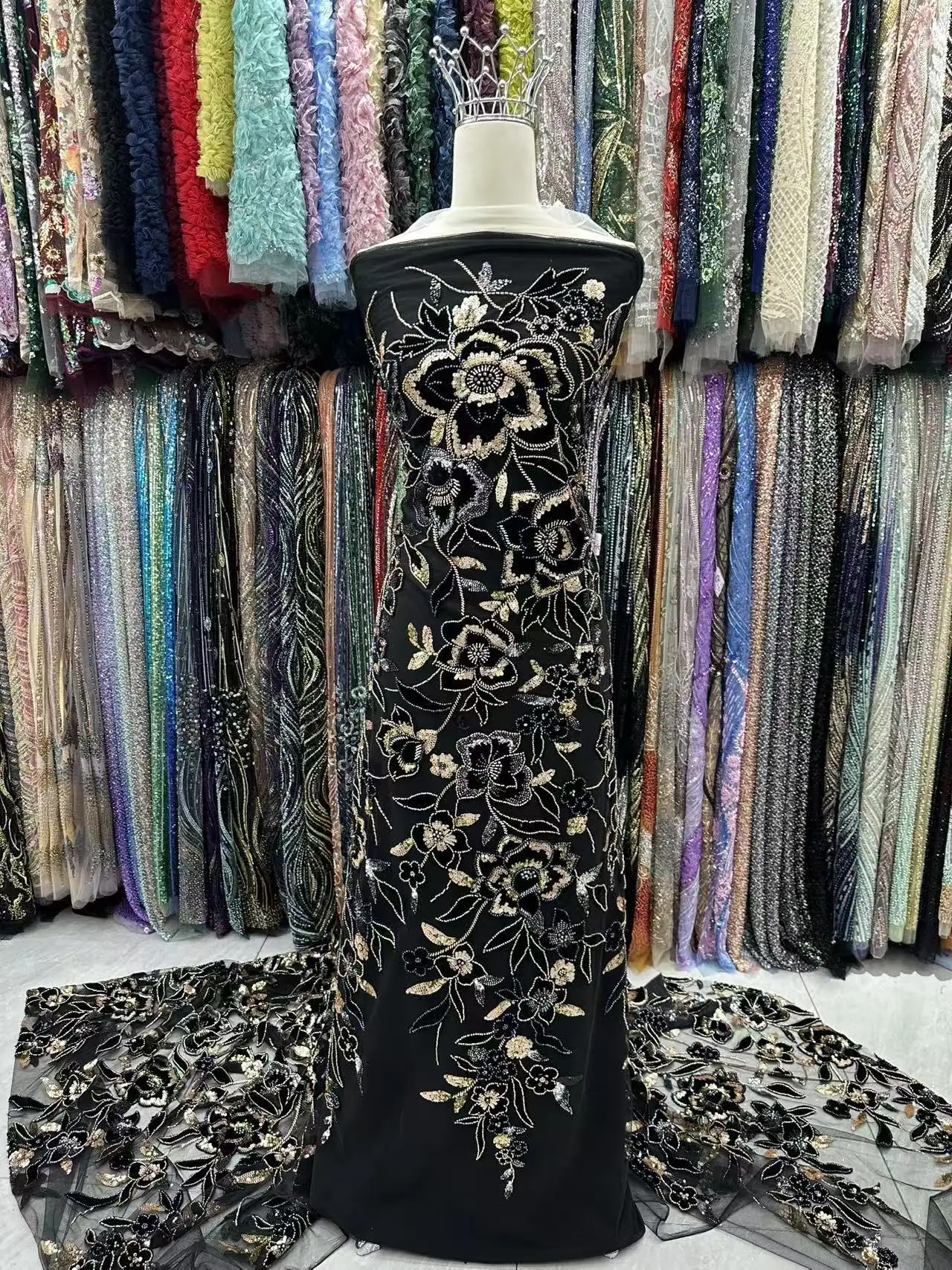 الأفريقي اليدوية الترتر مطرز أقمشة الدانتيل النيجيري جودة عالية المخملية اللؤلؤ أقمشة الدانتيل لفساتين الزفاف الزفاف SZ1780 #2