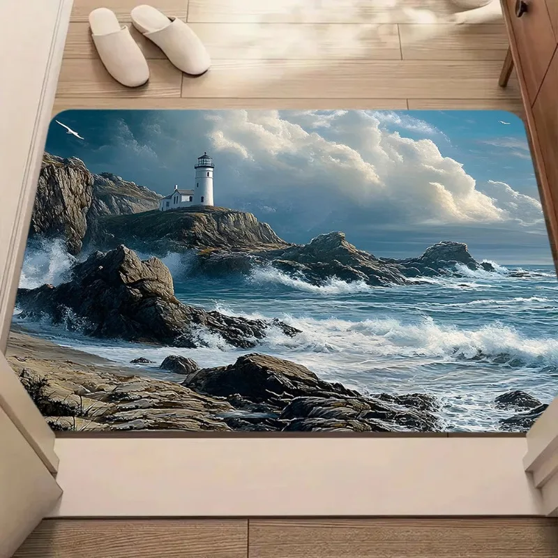 Nautical Lighthouse Print Door Mat Ocean Coastal Theme Welcome Carpet Soft Non-slip Mat Indoor Outdoor Use Decor Entryway Rug
