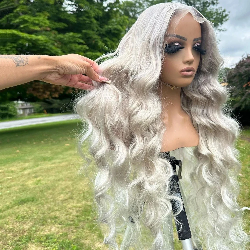 Platinum Icy Blonde Body Wave Glueless Lace Front Wig For Women Synthetic Hair Wigs Glueless Soft 180%Density Preplucked Cosplay