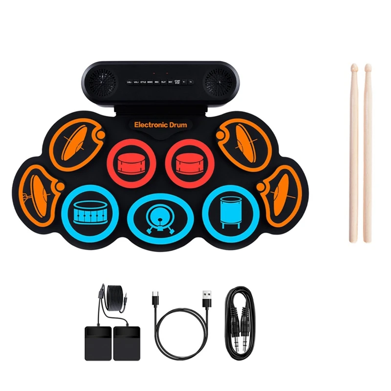 9 Pads Electronic Drum Set Hand Roll Drum Set for Gaming/BT Dual Speaker Pad Drum Portable Drum Set-ELEC