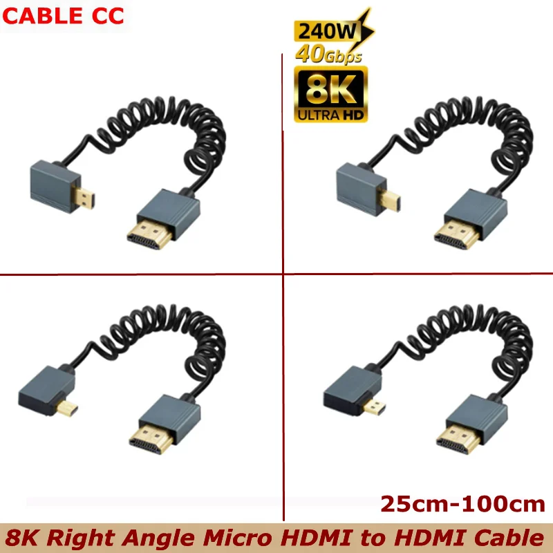 8K Right Angle Micro HDMI-compatible to HDMI Cable Coiled HDMI 2.1 Cable 8K@60Hz 48Gbps for Camera/Camcorder/HDTV/Tablet
