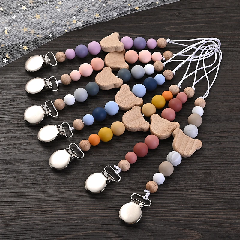 Baby Silicone Round Beads Metal Dummy Holder Clips Wood Animal Teether Teething Chain For Baby Pacifier Chain Safe Toys Gift