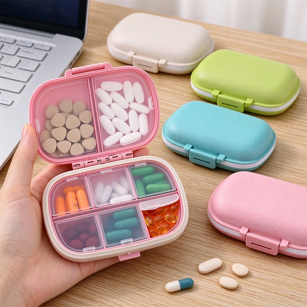 Portable Mini Pill Box 8 Grids Pill Storage Device Silicone Sealing Strip Moisture-proof Dustproof Wheat Straw Pill Box Vitamins