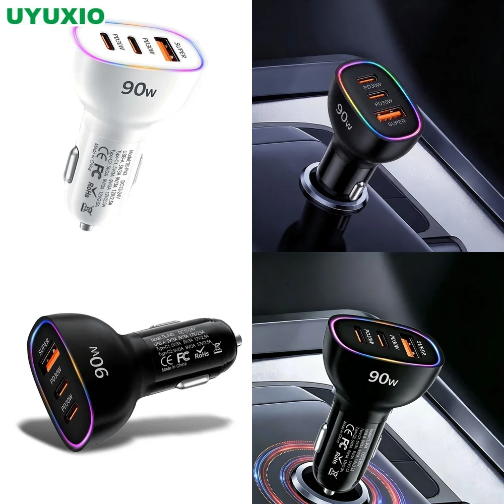 90W Car Charger Multi Port Fast Charging Dual PD 30W Type C USB A 30W Power Adapter PPS QC3.0 SCP RGB LED Light for MacBook