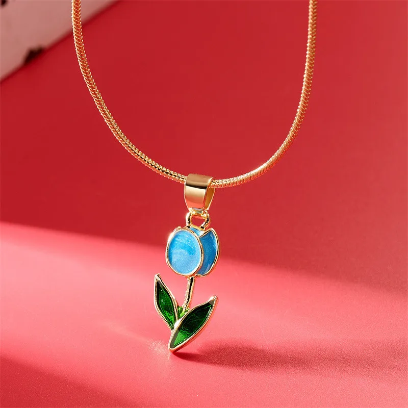 Vintage elegante Emaille-Halskette mit Tulpenblüten-Anhänger für Damen, modische Accessoires für junge Persönlichkeiten, Schlüsselbeinkette, Choker. – Detail 13