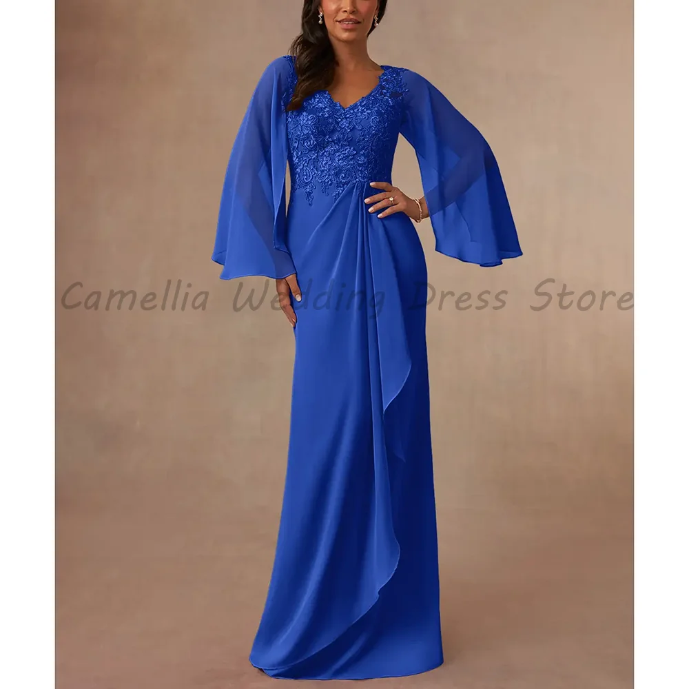

Elegant Royal Blue Formal Evening Dress V Neck Lace Bodice Bell Sleeve Draped Chiffon Mother Of The Bride Gown