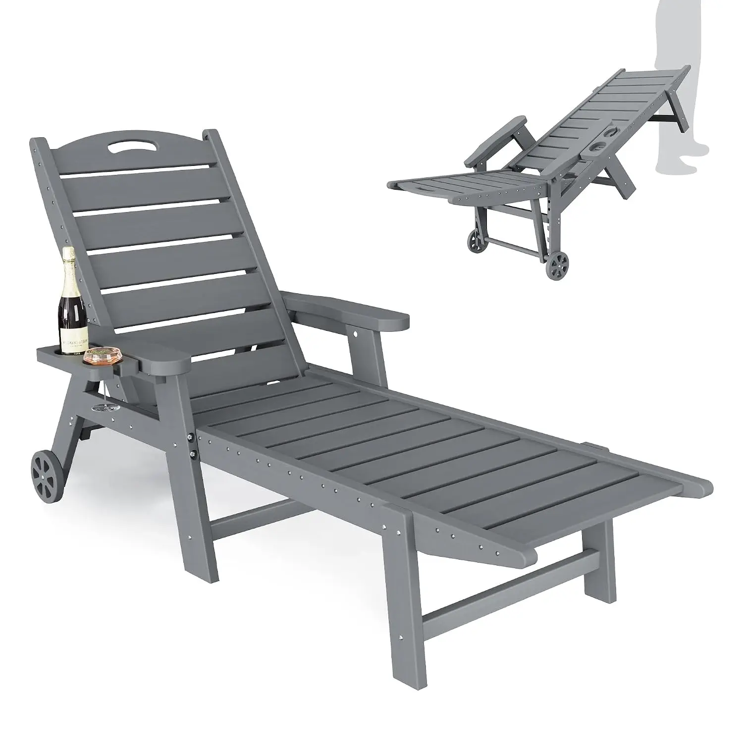 Outdoor Lounge Chair Waterproof HDPE 5-Position Adjustable Wheels Cup Holder Heavy-Duty Beach Garden Indoor Grey, Customized
