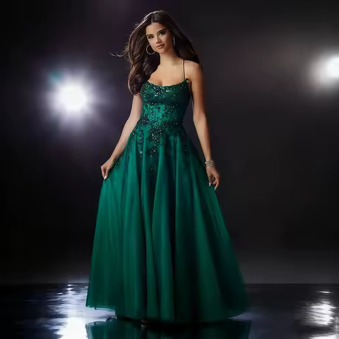 DRESS FORU Green Elegant Evening Dresses Tulle for Floor-Length Boat Neck Spaghetti Strap Prom Dress Sequin Beading Customized