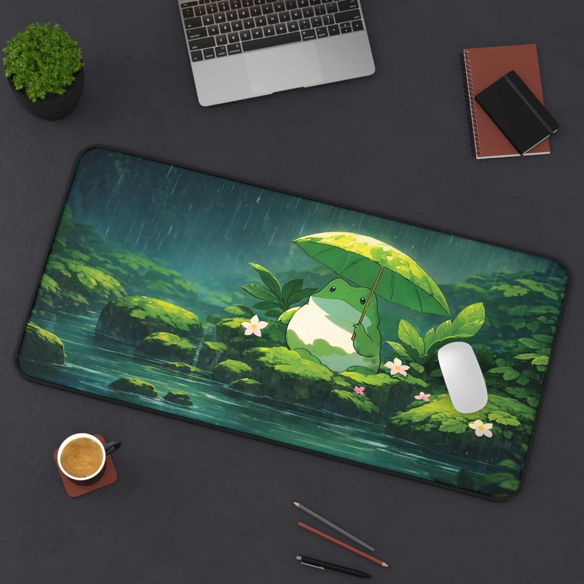Green Frog on Rainy Days Desk Mat Gamer Mousepad Room Pc Accessories Mouse Pads Gamer Setup Gaming Keyboard Pad Office Decor