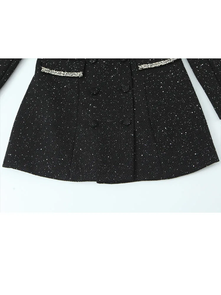 Hh moda feminina pequena fragrância lantejoulas retalhos blazer casaco feminino high street casual duplo breasted jaqueta de manga comprida