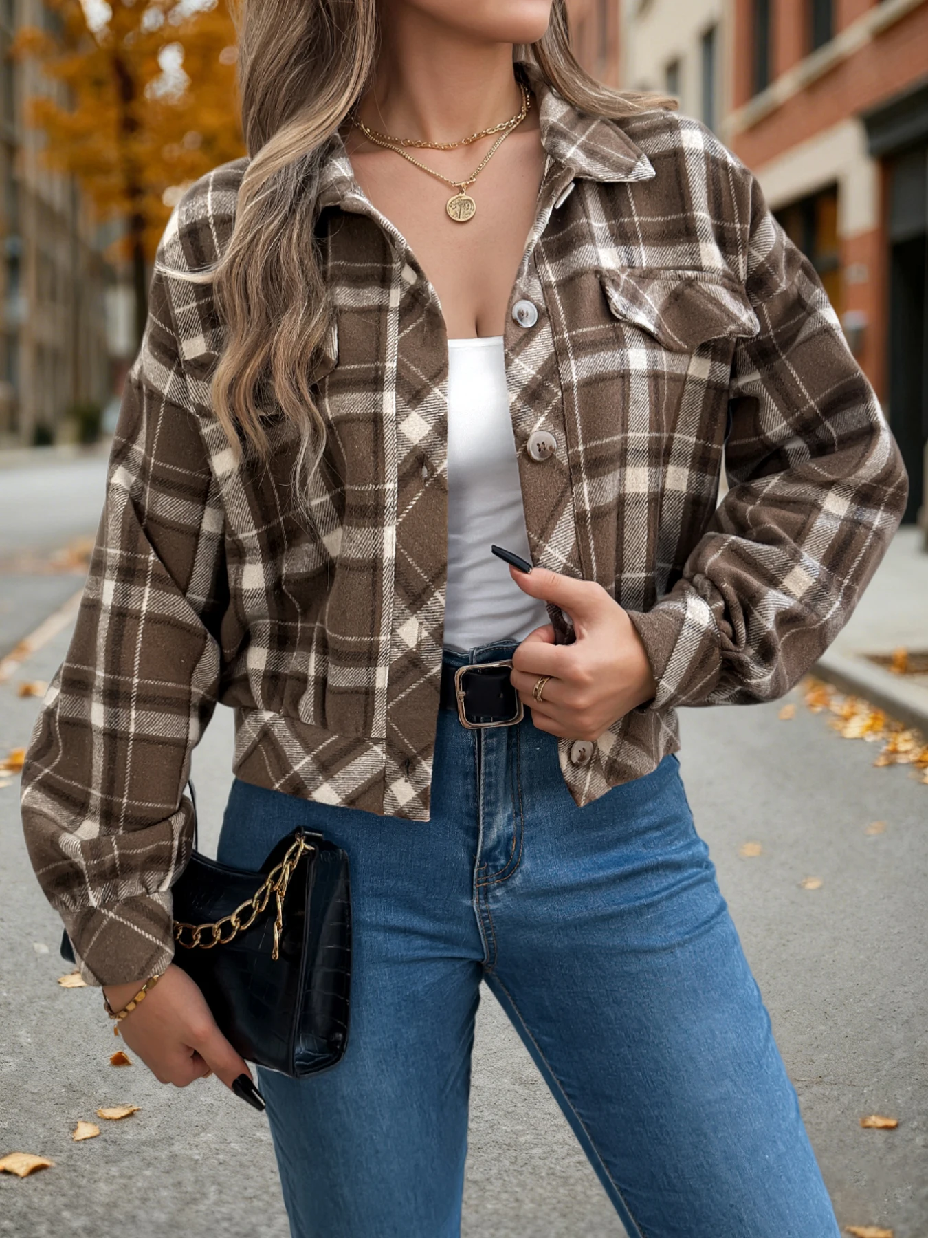 

Autumn Winter Plaid Short Coat Lantern Long Sleeve Turn-Down Collar Button Woolen Jacket Women Clothes