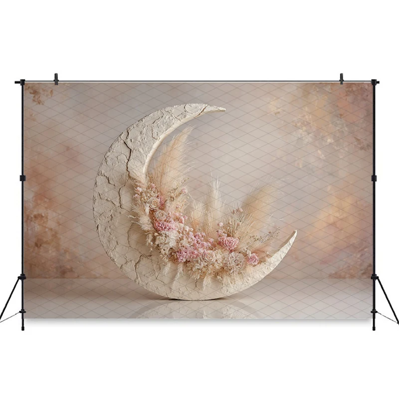 Mocsicka Boho Moon Photography Backdrop Textured Beige Crescent Moon Flower Background Newborn Baby Shower Cake Smash Photoshoot