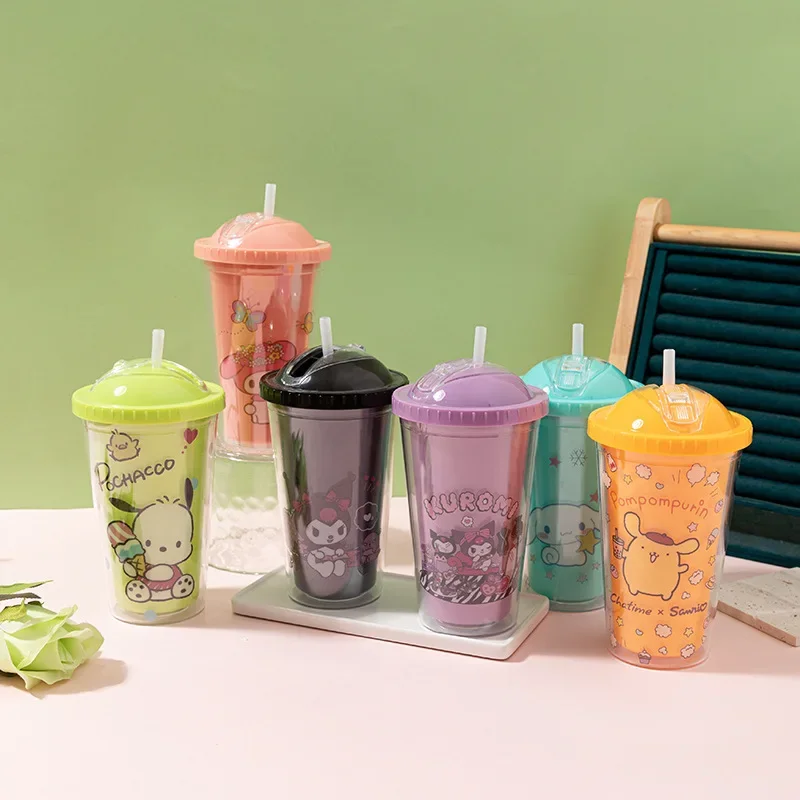 

Sanrio Water Bottle Hello Kitty Melody Kuromi Double-layer Plastic Cup Portable Sports Mug Girl Birthday Gifts Water Bottle