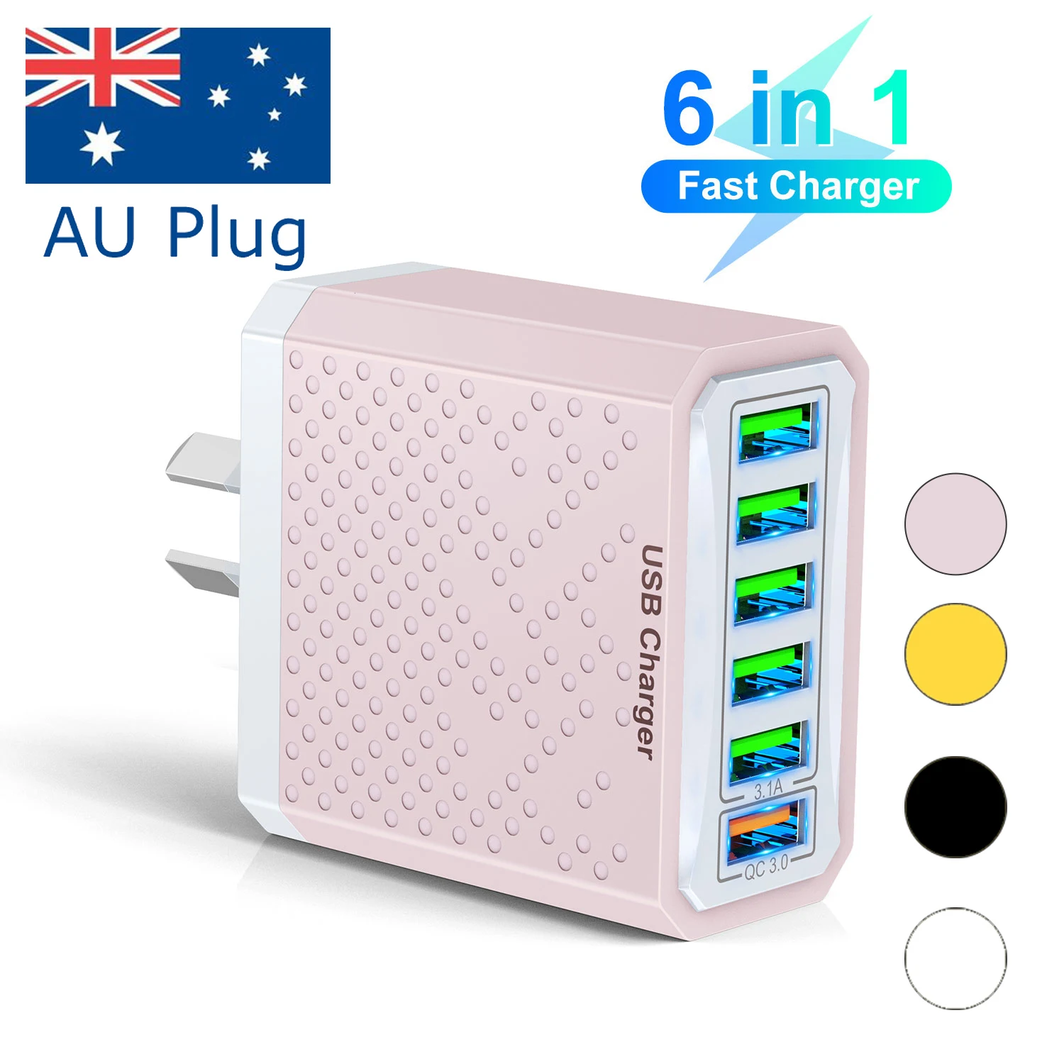 3.1A Pink USB Fast Charger 6 IN 1 AU Plug Fast Charging Charger for Australian New Zealand 6 Ports Multi Charger Quick Charger 