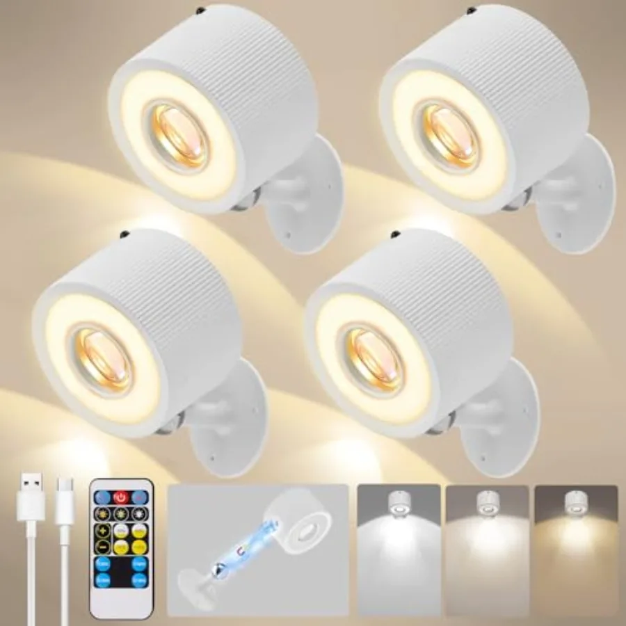 

LED Wall Mounted Lights with Remote, 3000mAh Rechargeable Battery Operated Wall Sconces, 3 Lighting Modes and Dimmable, 360°Rot