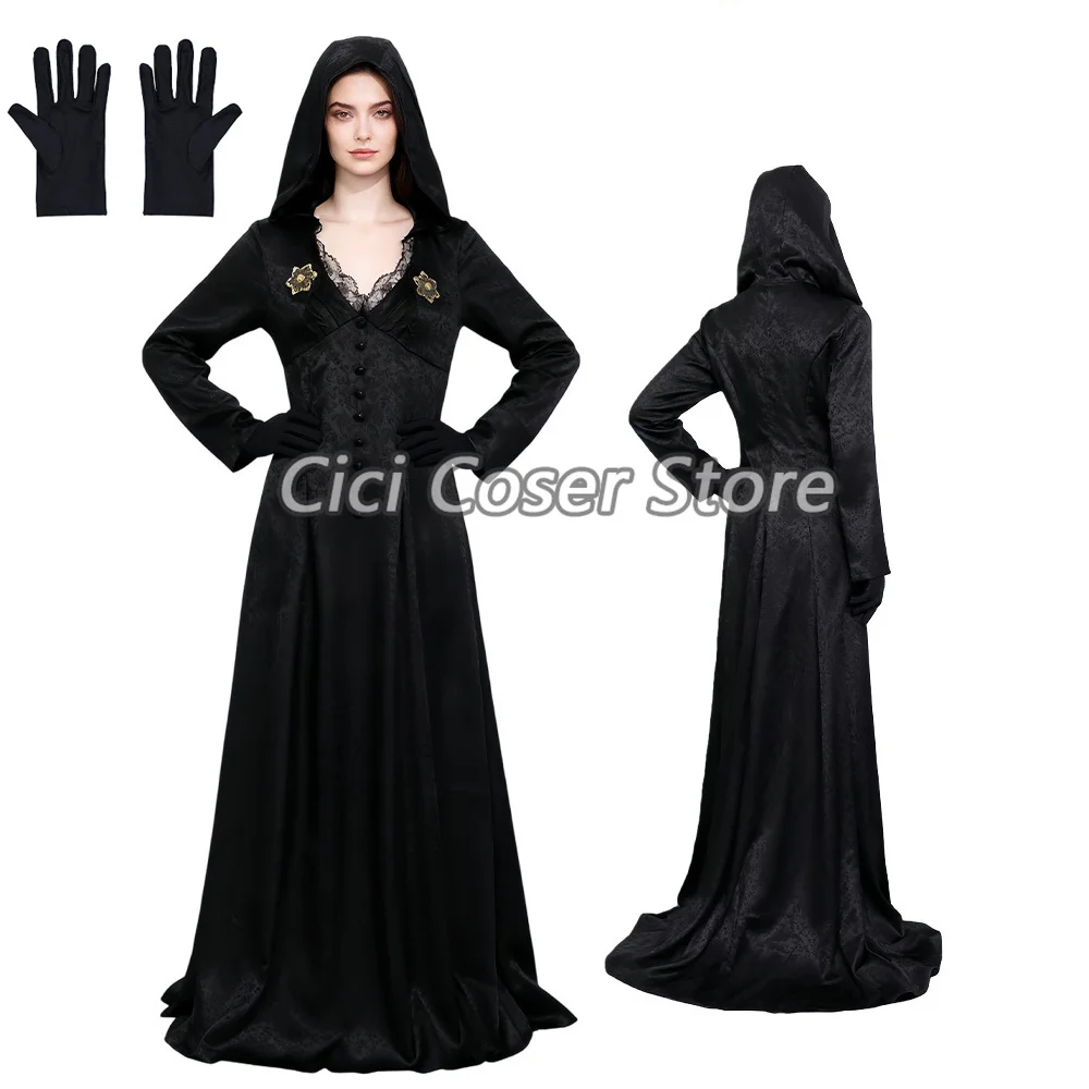

Movie Evil Village Moth Alcina Dimitrescu Cosplay Costume Sexy Low-cut Dress Black Hoodie Cloak Women Halloween Party Outfits