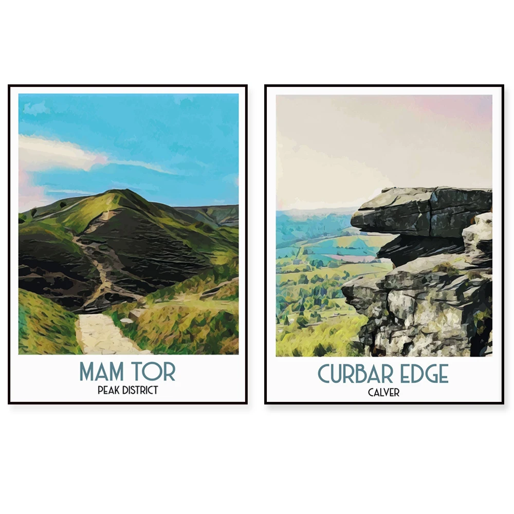 Curbar Edge England Clifton Suspension Bridge Bristol Curved Spire Vintage Travel Poster - Artwork for Home Decor