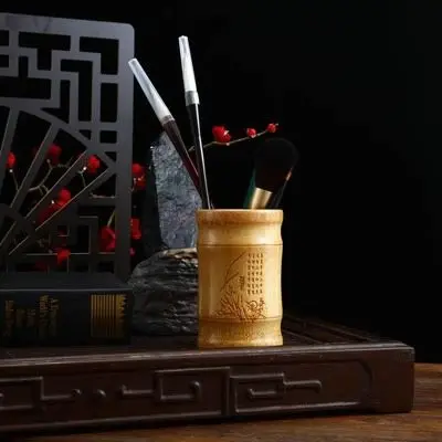 1pcs Natural bamboo and wood pen holder, multifunctional retro circular pen holder, Chinese style office decoration storage box