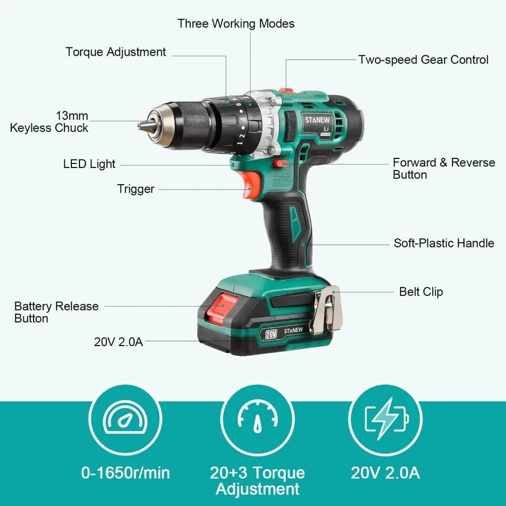 Imagem -03 - Cordless Martelo Drill Driver Grupo 20v 2.0ah Li-ion Battery Metal Keyless Chuck Velocidade Variável 20 Mais 3