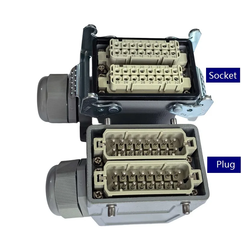 HDC-HA-032-3/4 Rectangular high base heavy duty connector 32 pins waterproof aviation plug and socket 16A 250V cable gland PG29