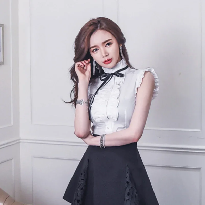 

Elegant Bow tie Office lady White shirt Summer Butterfly sleeve Women Tops Fashion Ruffles Female Chiffon blouse V1045