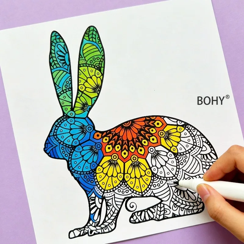 1 Adult Decompression Coloring Album, Include Themed Line Draft Patterns Like Rabbits, Squirrels, Chickens, Mandalas, 12 Pages