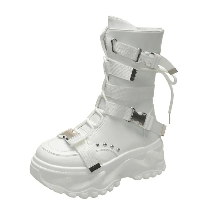 Luxury Chunky Platform Motorcycle Boots Women Buckle Strap Thick Sole Combat Boots Woman Autumn Winter White Ankle Botas Mujer