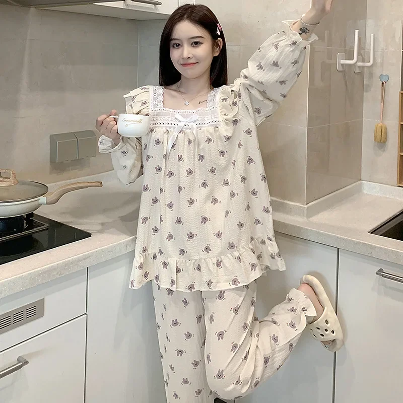 5XL Plus Size Women Korean Ins Sweet Pajama Outerwear Autumn Spring Long Sleeve Pullover Trousers Sleepwear Loose Home Clothes