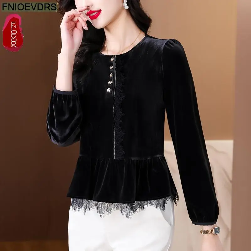 Black Velvet Retro Vintage Tassel Peplum Tops New Design Women 2024 Autumn Long Sleeve Sequined Button Belly Basics Shirt Blouse