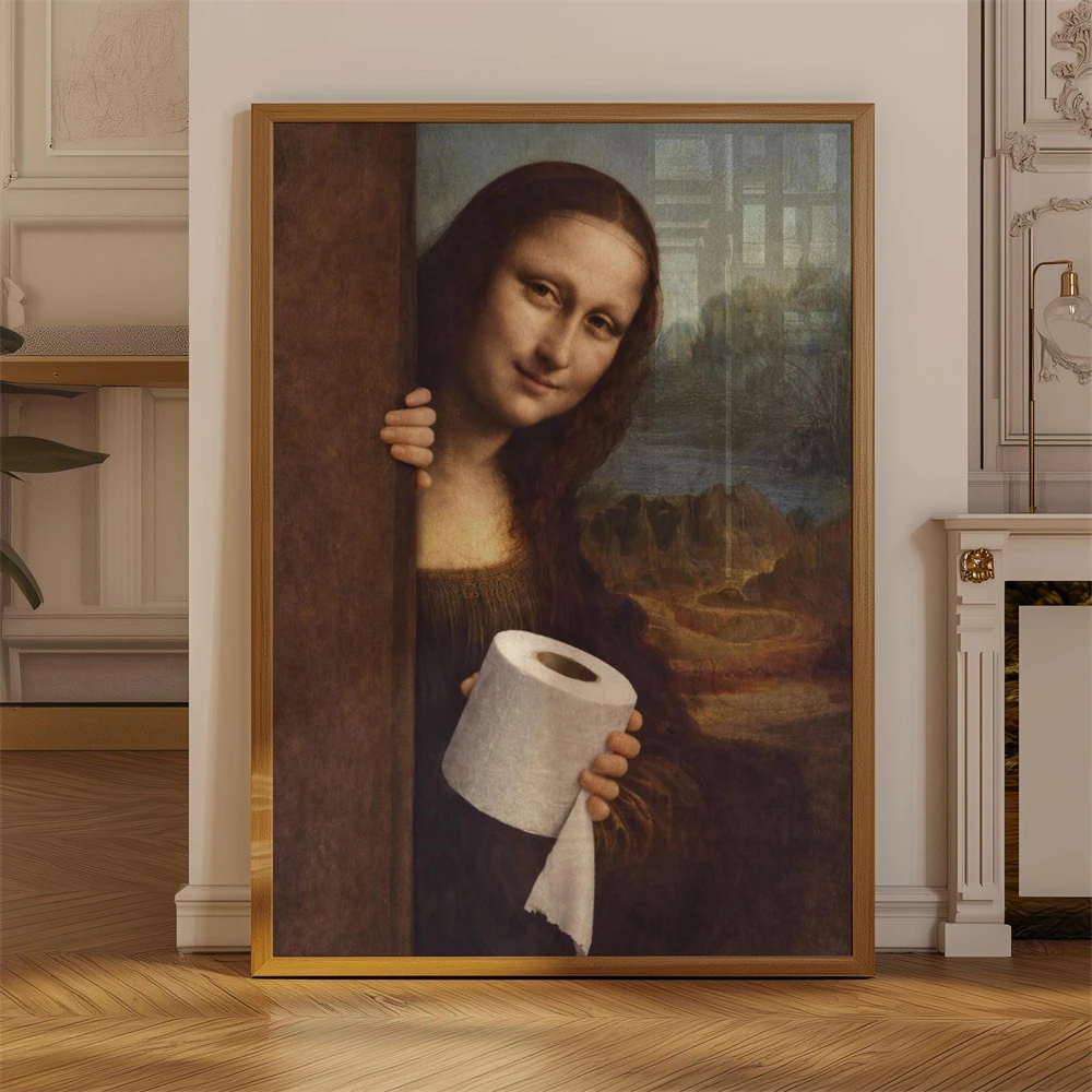 Funny Mona Lisa Peeking Toilet Paper Print Humorous Bathroom Renaissance Art Poster Vintage Canvas Painting Decor