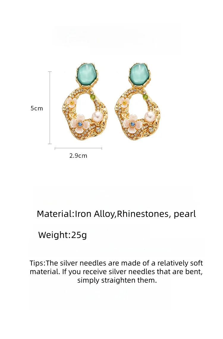 Green Rhinestone Pearl Flower Dangle Earrings for Women Girls Silver Post Vintage Retro Stud Earrrings Jewelry Gift