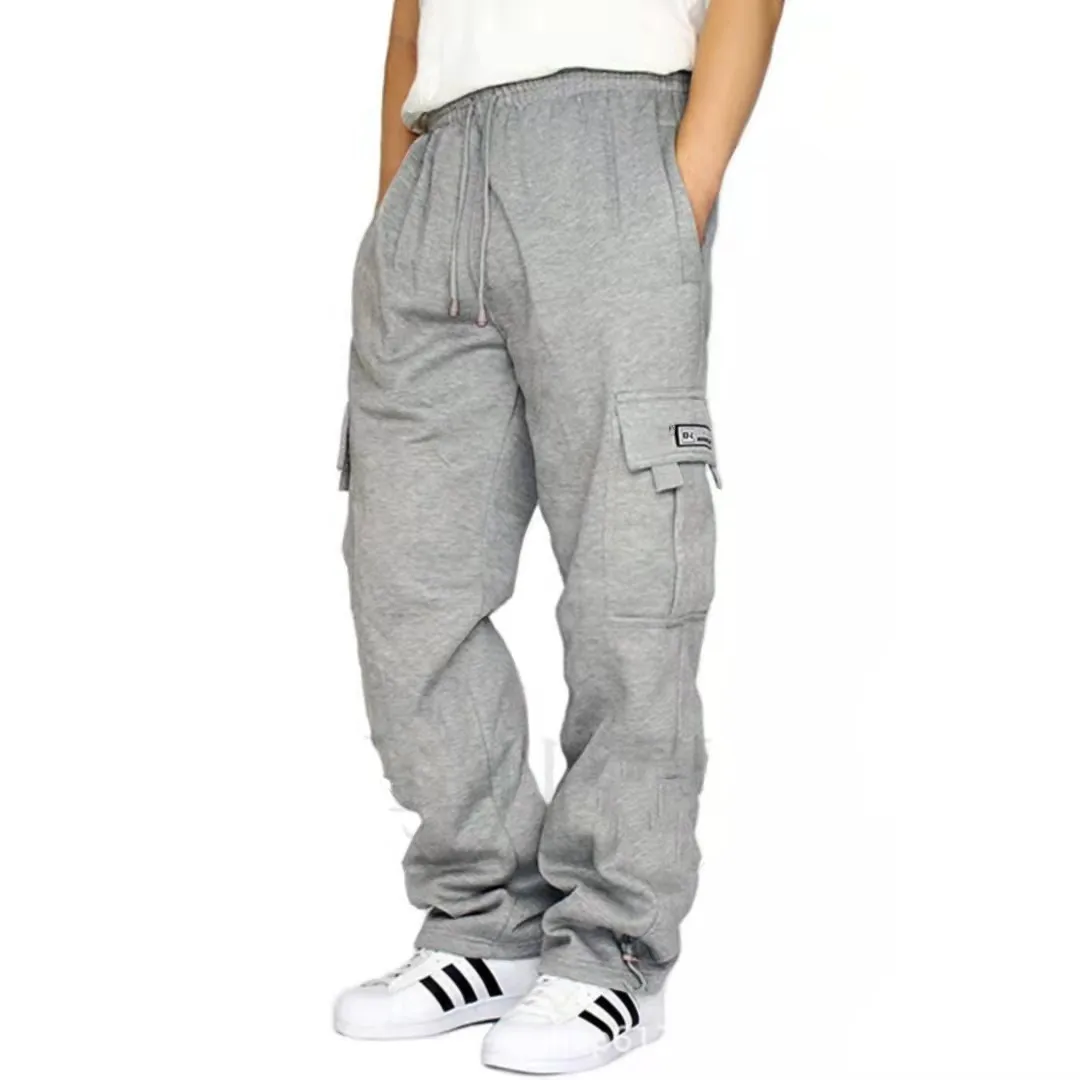 New Sports Leisure Cargo Men Pants Plush Cuffs Multiple Pockets Drawstring Men's Loose Workwear Sweatpants Casual