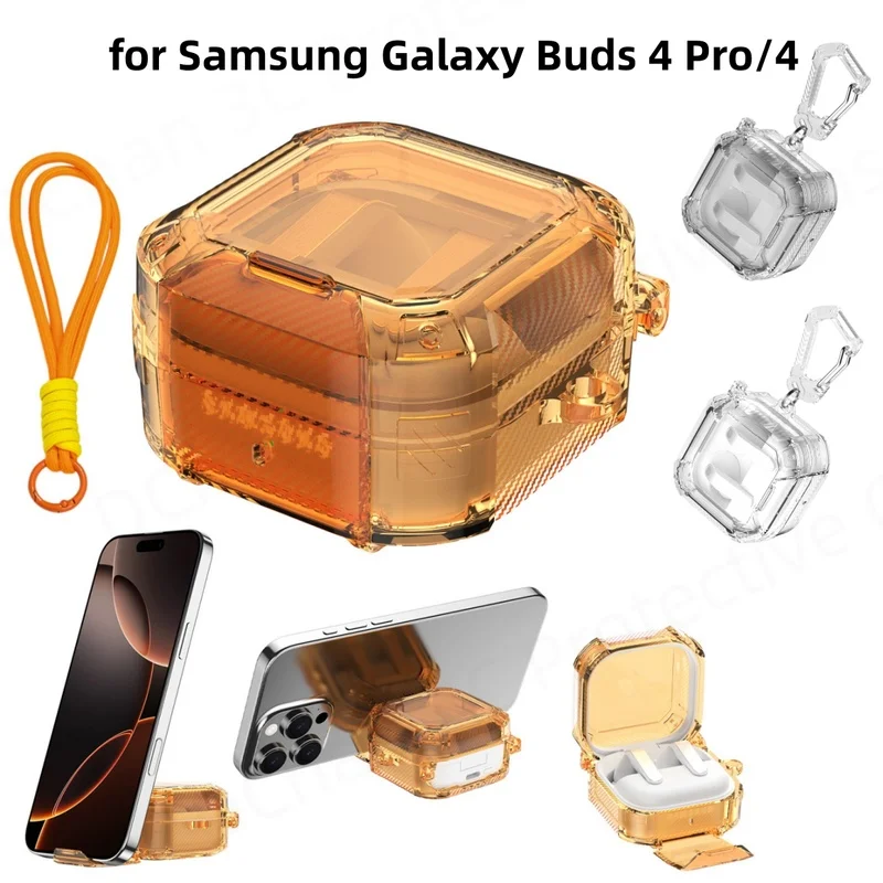 Cute Clear Case For Samsung Galaxy Buds 4 Pro/Buds 4 Phone Stand TPU Transparent Skins Case For Women Buds 4 4 Pro With Lanyard