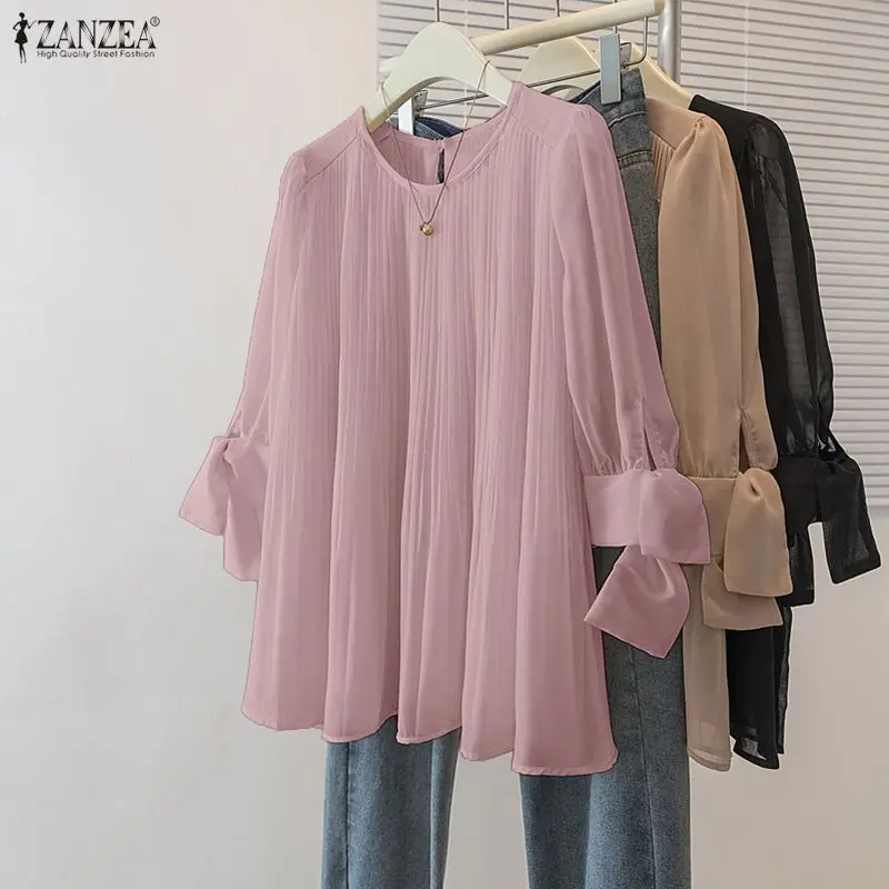 Blusa de Moda para Mujer ZANZEA, Verano, Manga 3/4 Abullonada, Camisas Sólidas, Elegantes Blusas de Oficina para Mujer, Túnica, Primavera 2026, Blusas Plisadas para Mujer